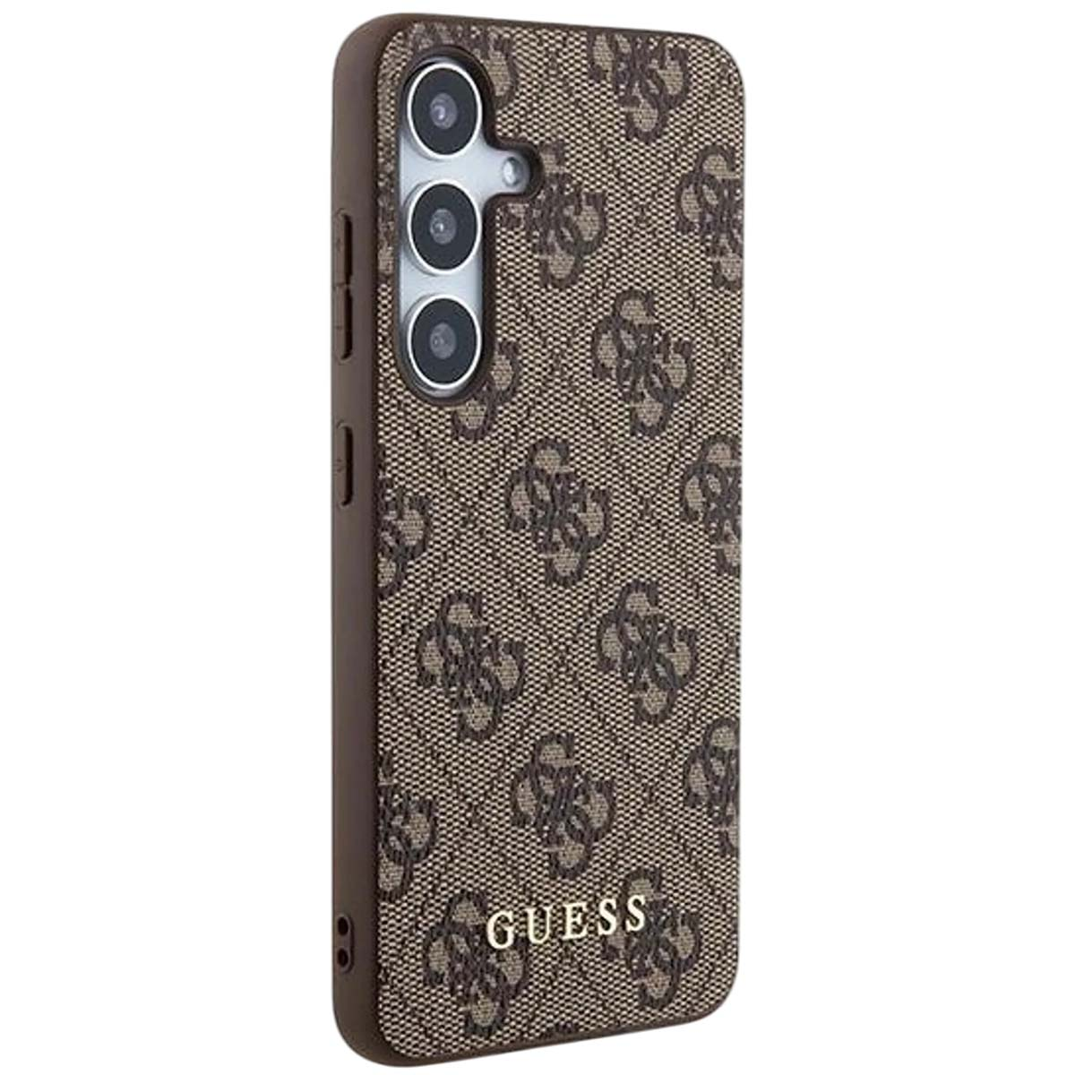 Una custodia per telefono Guess marrone. Ha tre obiettivi e un design a motivi con il logo Guess in basso.