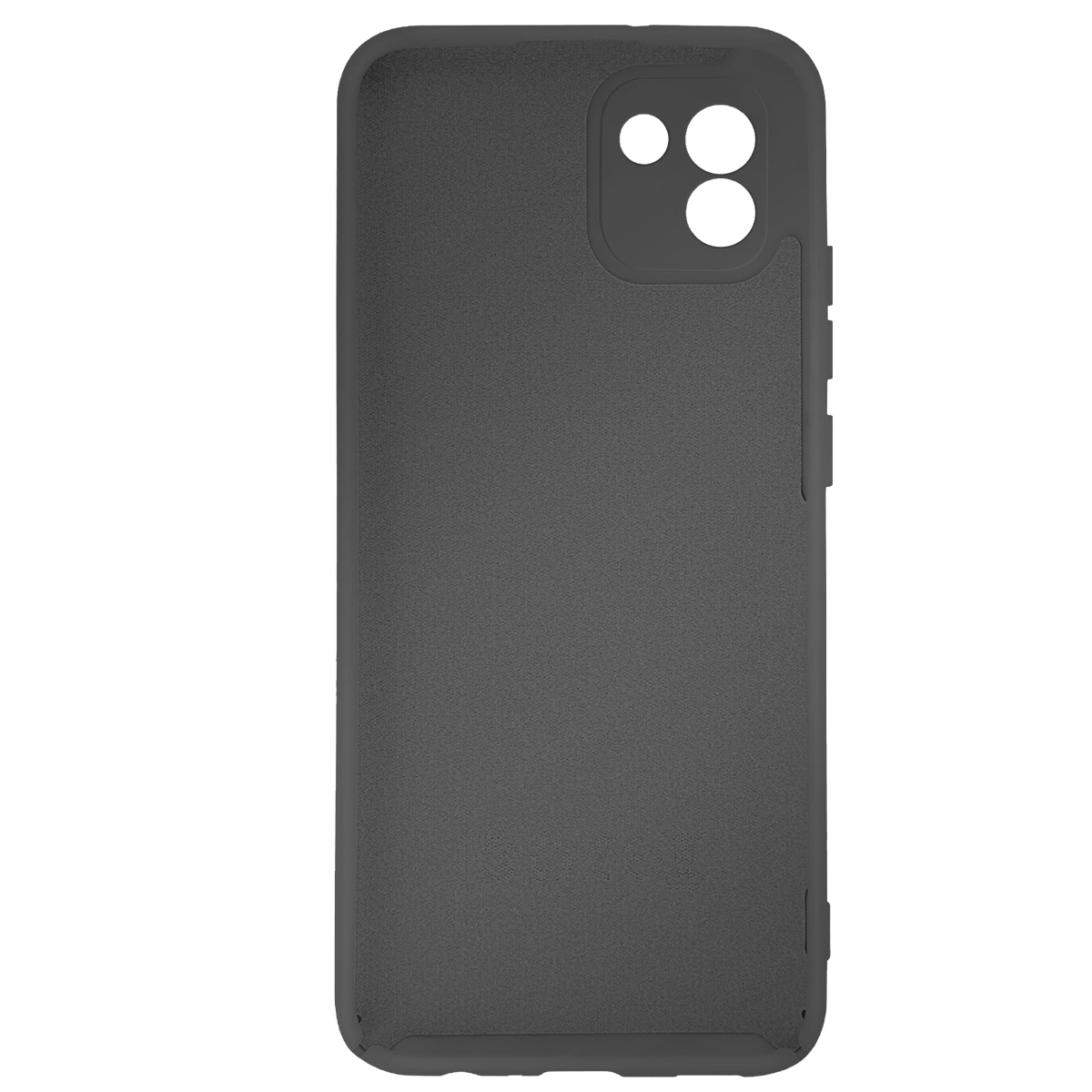 Una custodia per telefono grigio scuro. Ha ritagli per la fotocamera e pulsanti laterali. Lo sfondo è bianco.