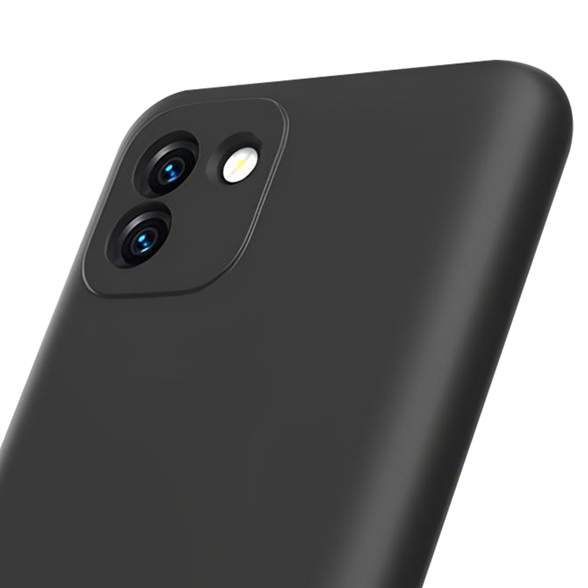 Primo piano di uno smartphone nero. Il modulo fotocamera ha tre lenti. Uno sfondo bianco è visibile nell'angolo.