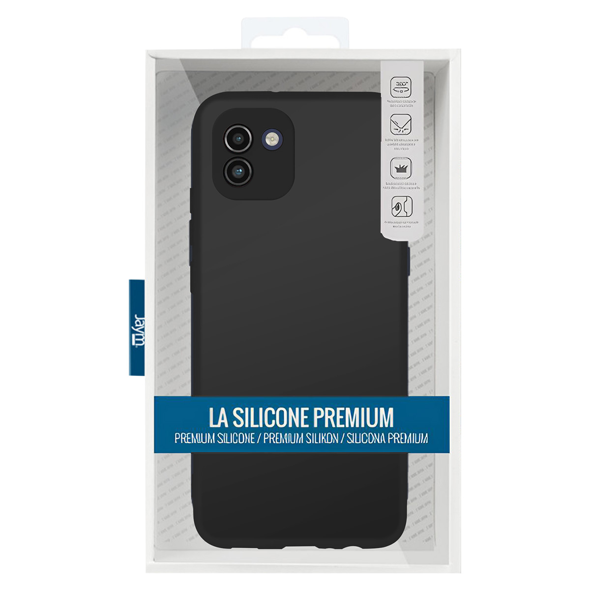 Custodia nera per telefono in una scatola. Testo: LA SILICONE PREMIUM. La custodia ha un ritaglio per la fotocamera. La confezione include le caratteristiche del prodotto.