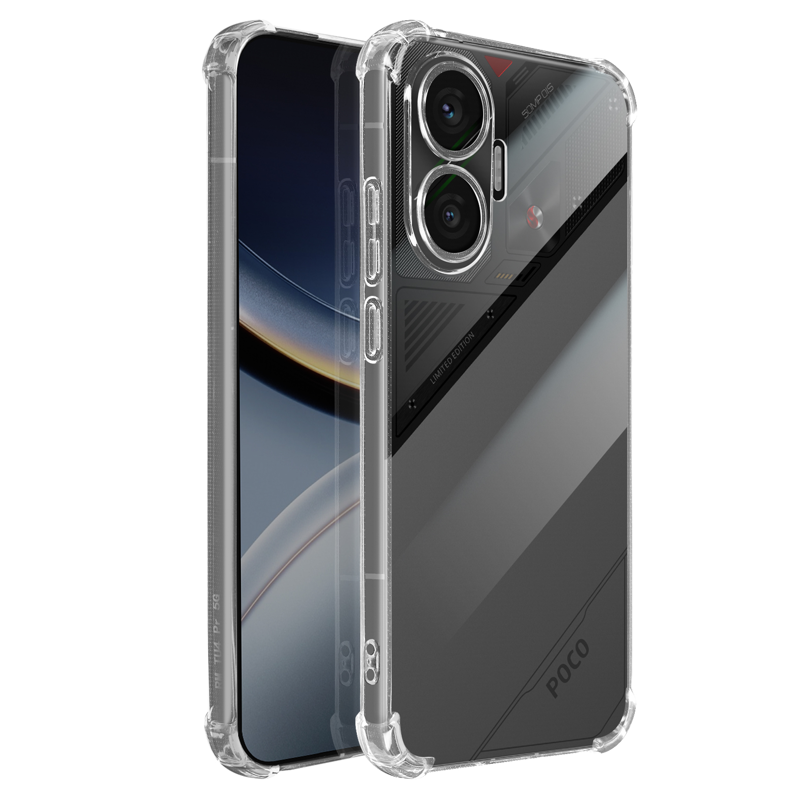 Custodia trasparente per telefono su un telefono. Ha ritagli per la fotocamera e un'etichetta Limited Edition. Lo schermo è visibile.