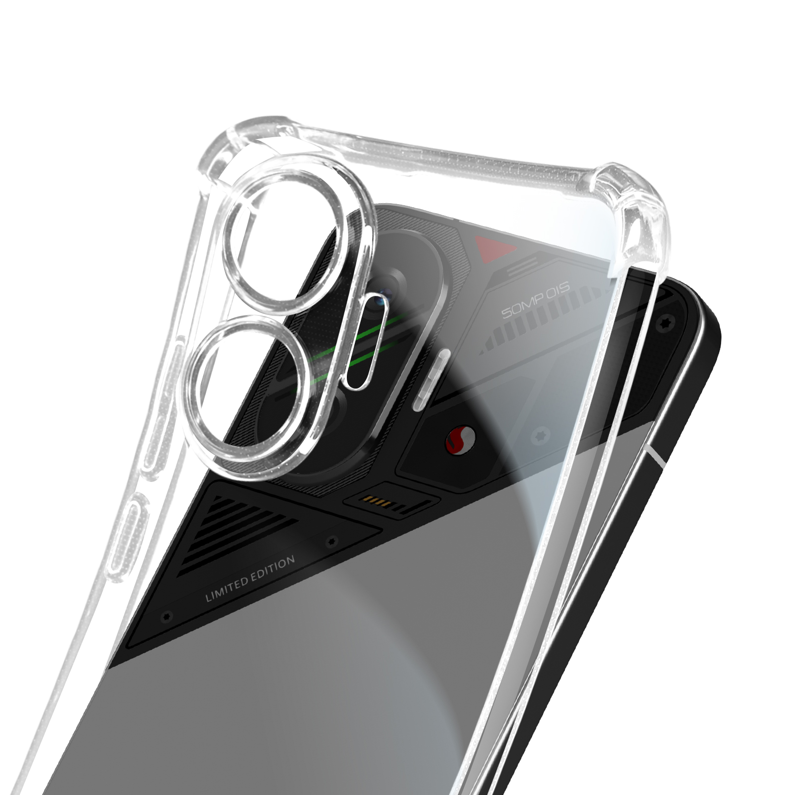 Una custodia trasparente su un telefono nero. Il telefono ha un modulo fotocamera e l'etichetta 'LIMITED EDITION'.