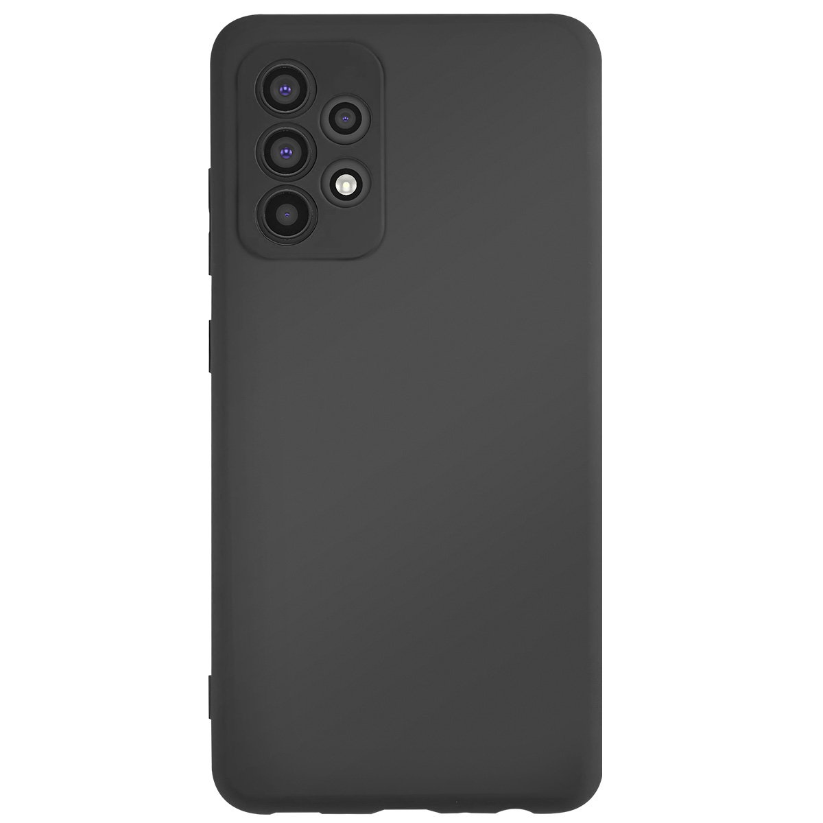 Una custodia per telefono grigio scuro con più lenti della fotocamera sul retro. La custodia copre il telefono, con i pulsanti laterali visibili.