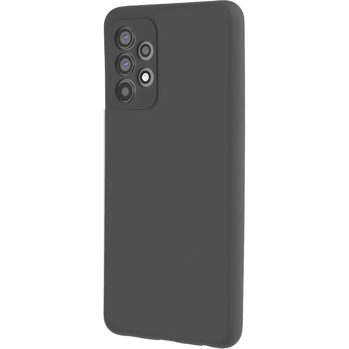 Una custodia per telefono grigio scuro. Ha più lenti della fotocamera in alto a sinistra. Lo sfondo è bianco.