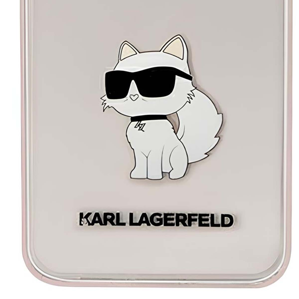 Un gatto bianco con occhiali da sole su una custodia per telefono. Il marchio KARL LAGERFELD è sotto l'immagine del gatto.