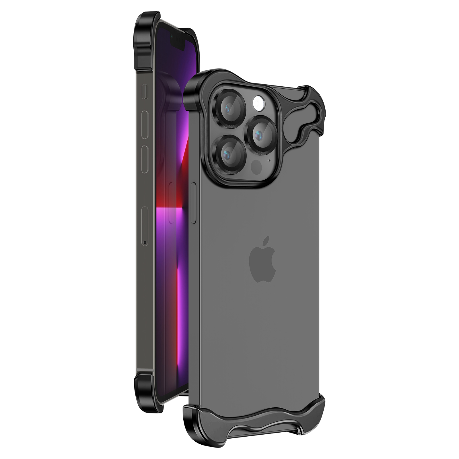 Custodia nera per telefono con iPhone nero. La custodia ha protezione fotocamera e un telaio protettivo. Lo schermo del telefono è visibile.