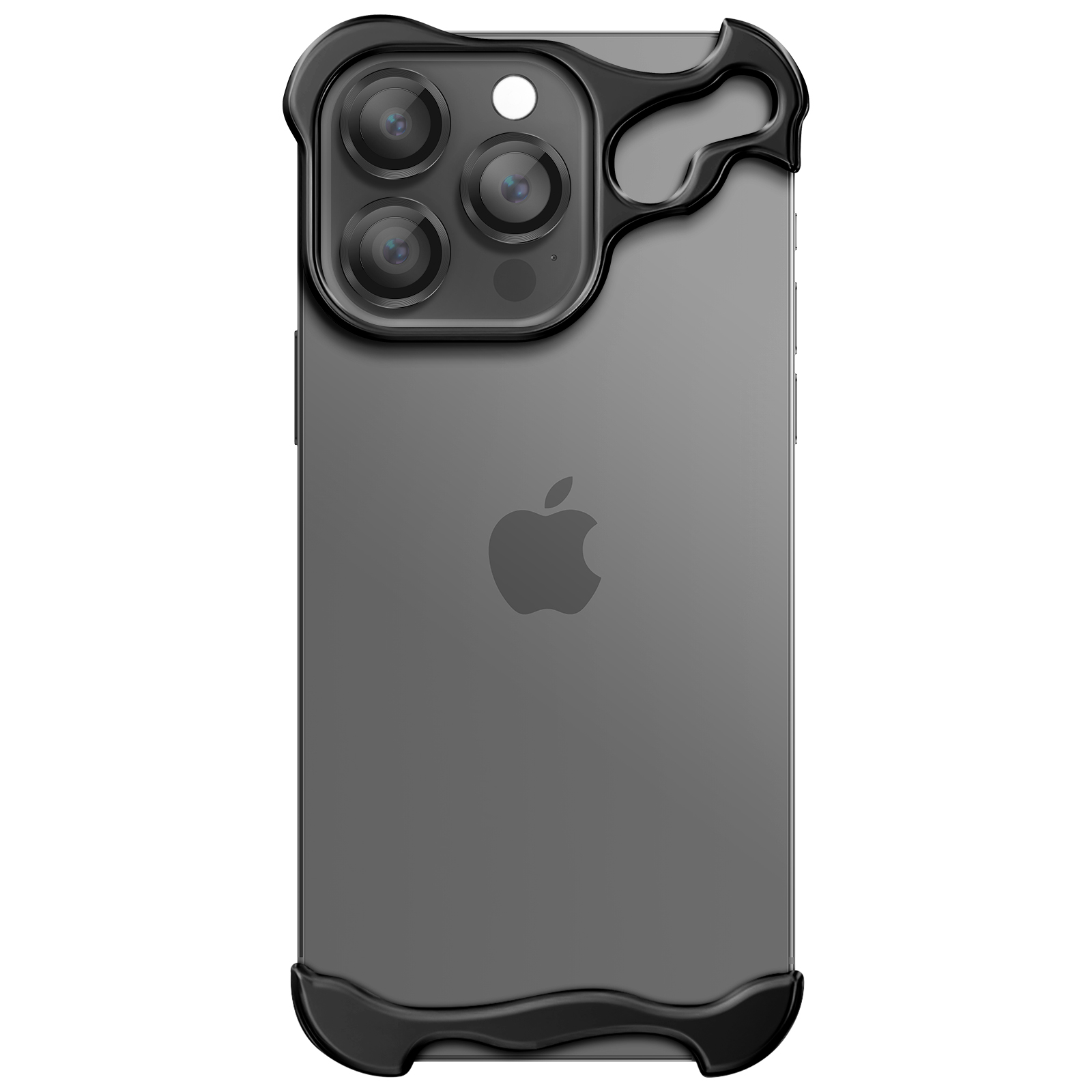 Custodia nera su un iPhone grigio. La custodia ha un design unico attorno alla fotocamera e al bordo inferiore.