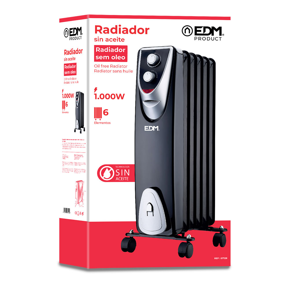 Un radiador negro sin aceite en una caja roja y blanca. El radiador tiene ruedas y mandos. Texto en la caja en español y francés.