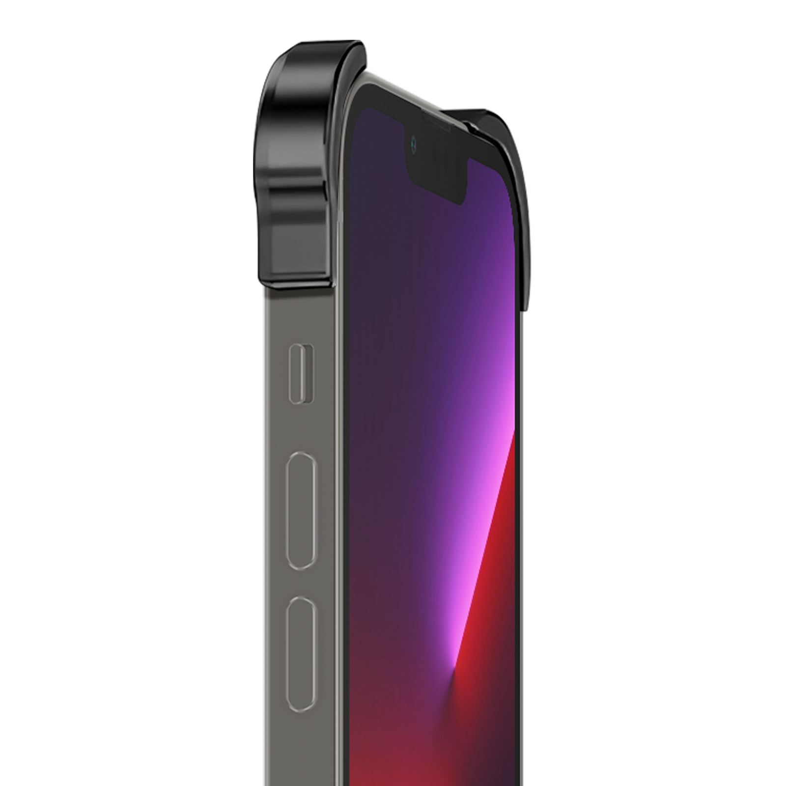 Uno smartphone, vista laterale, in una custodia grigio scuro. Lo schermo mostra gradienti viola e rossi. La custodia ha bottoni.