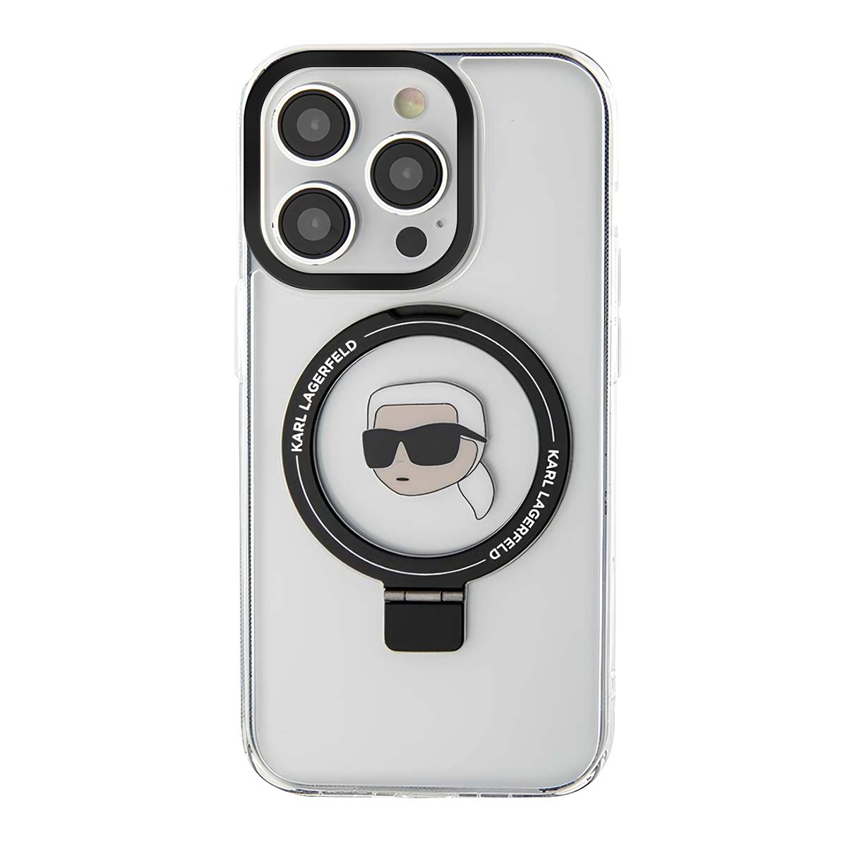 Transparente Handyhülle mit Karl Lagerfeld Logo und Telefonkamera. Die Hülle hat einen schwarzen Rand und einen schwarzen Ständer.