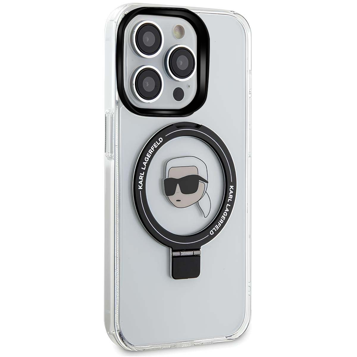 Transparente Handyhülle mit schwarzem Karl Lagerfeld Logo. Telefon hat Dreifachkamera und schwarzen Ring mit Logo.