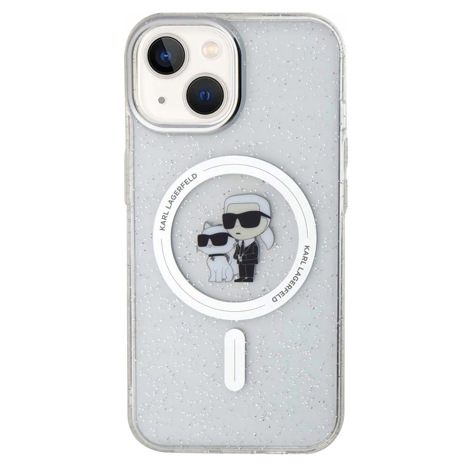 Transparente Handyhülle mit Karl Lagerfeld Design. Mit Karl und Choupette, einem magnetischen Ladekreis und Glitzer.