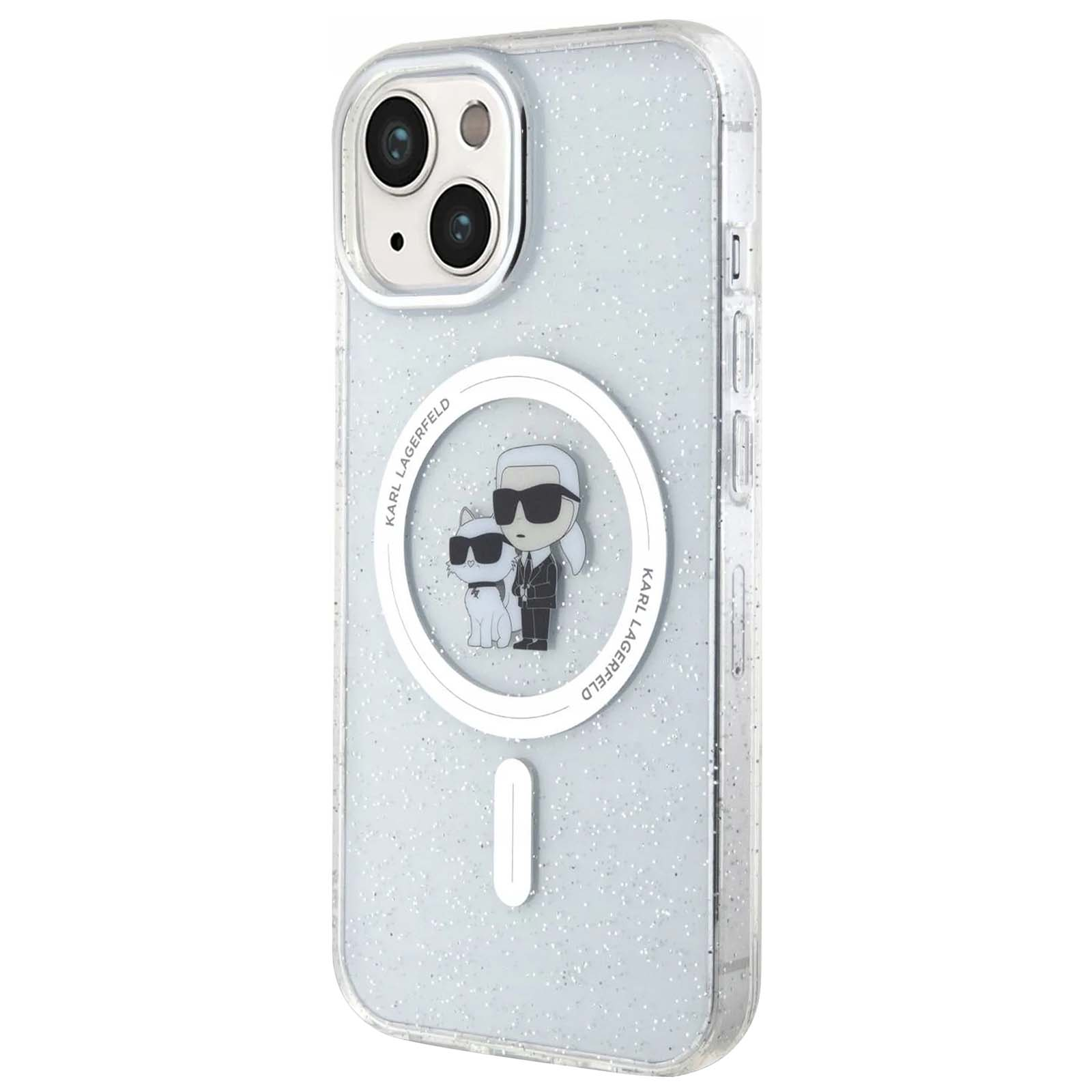 Transparente iPhone-Hülle mit Karl Lagerfeld und Katzen-Design. Silberner Glitzereffekt. Kamera oben. Weißer Magnetkreis.