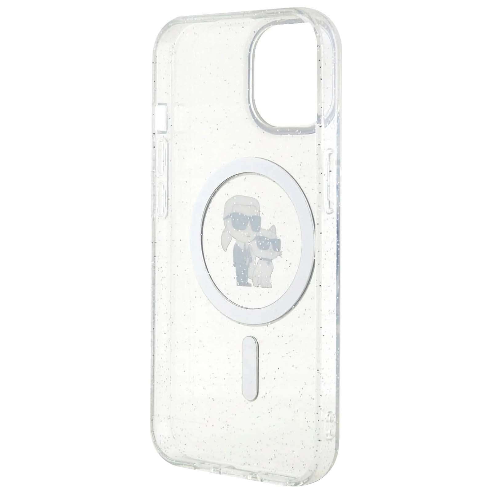 Transparente iPhone-Hülle mit Glitzer. Mit Karl Lagerfeld-Design mit Katze und Person, beide mit Sonnenbrille.