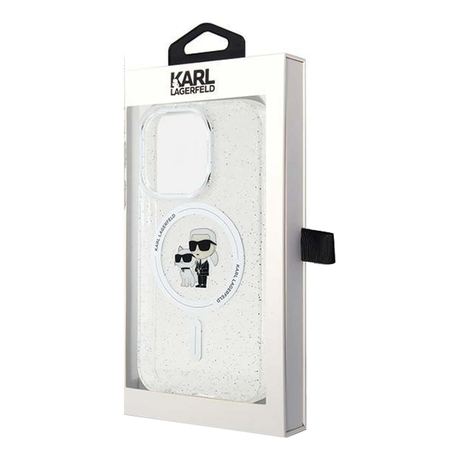 Eine transparente Handyhülle in einer weißen Box. Die Hülle hat ein Karl Lagerfeld-Design mit einer schwarz-weißen Figur.