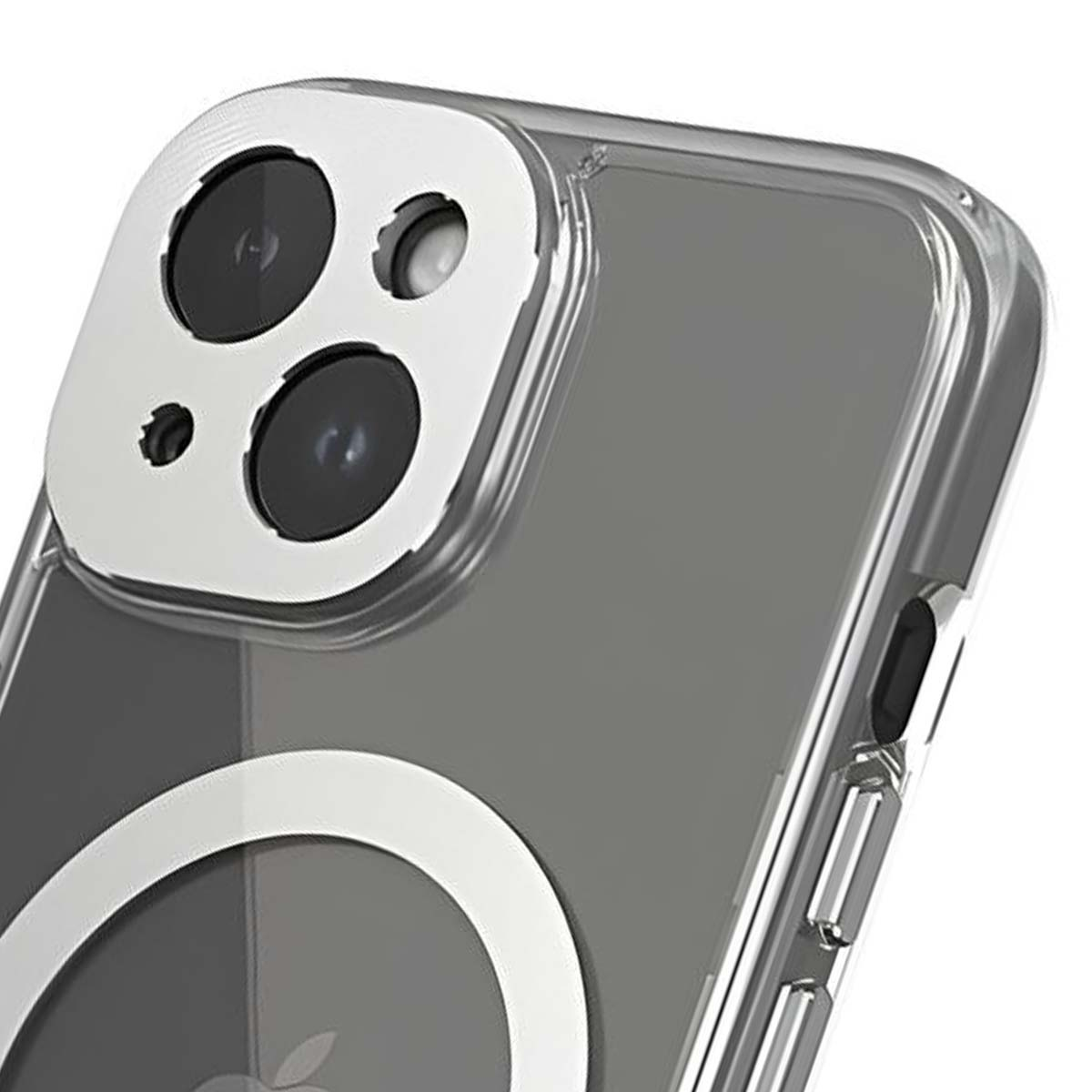 Custodia trasparente per telefono con modulo fotocamera argentato. Le lenti della fotocamera sono visibili.