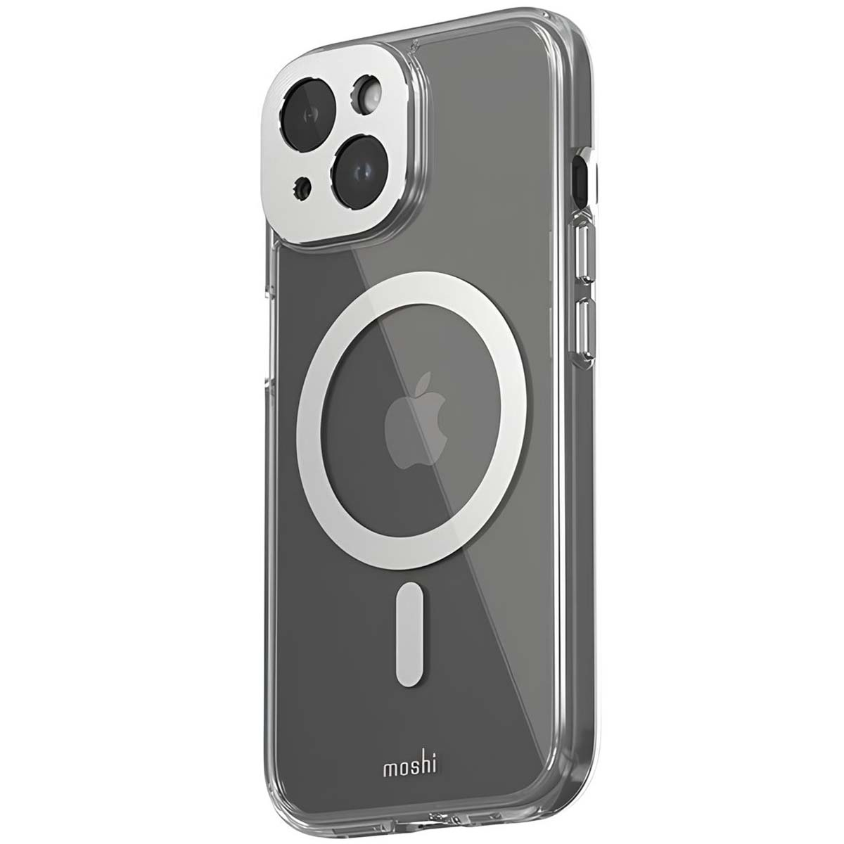 Custodia trasparente per telefono con bordo fotocamera argentato e anello magnetico con logo Apple. La custodia ha il logo 'moshi'.