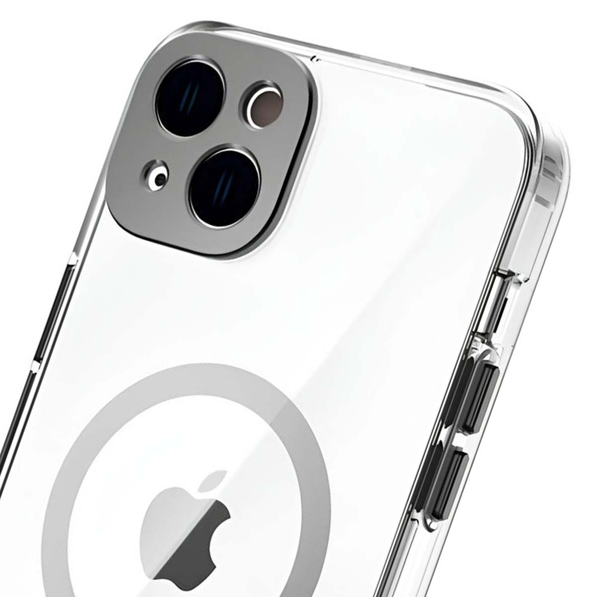 Custodia trasparente per telefono con ritaglio per fotocamera e logo Apple. Area fotocamera argentata, lati trasparenti. Tasti volume neri.
