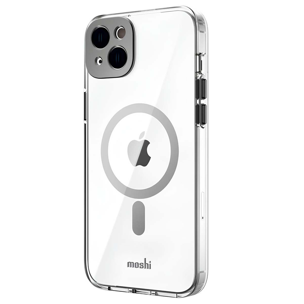 Custodia trasparente per telefono con logo Apple. La custodia ha un ritaglio per la fotocamera e il marchio "mosh" è visibile in basso.