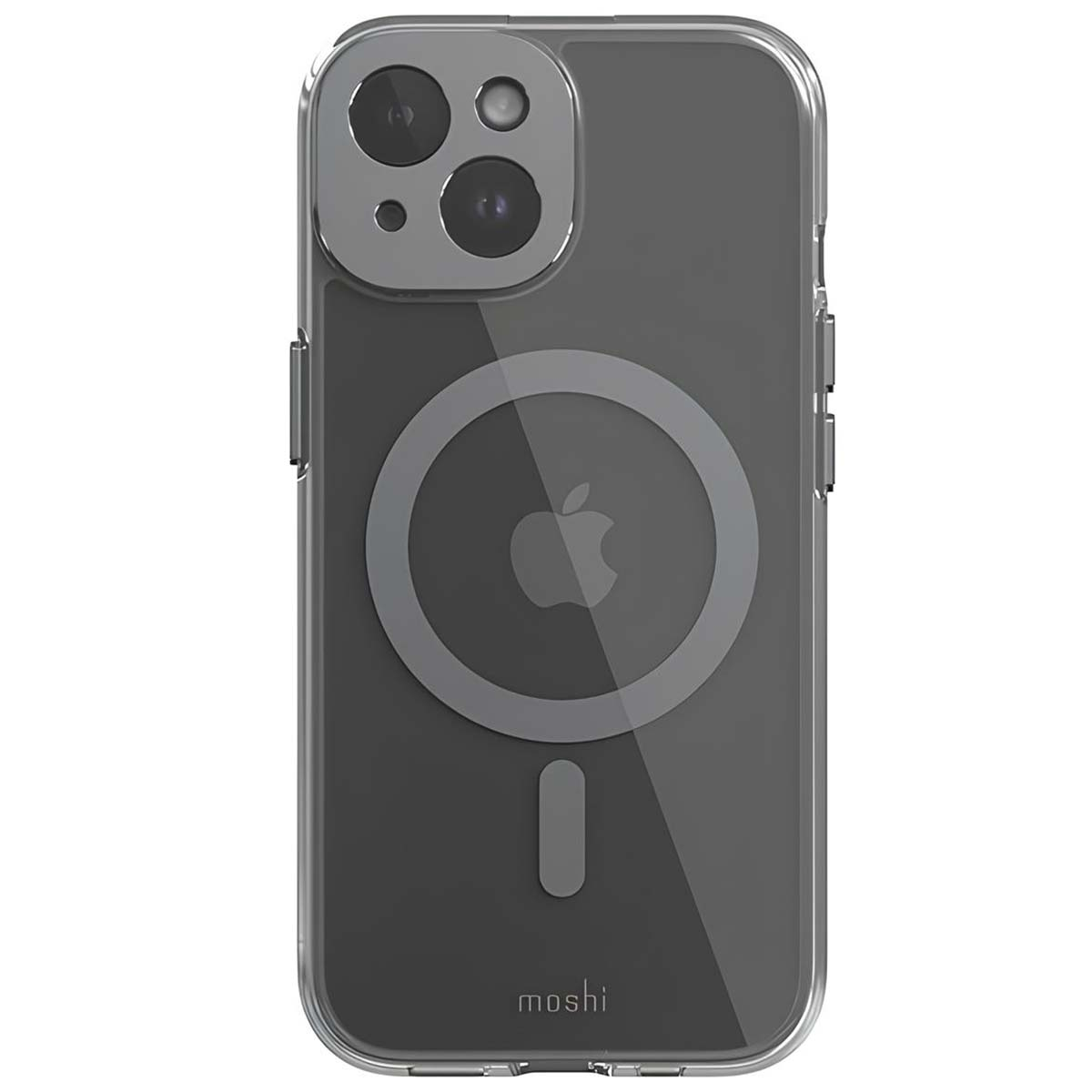 Custodia trasparente per iPhone. La custodia ha un ritaglio per la fotocamera. Il logo Apple è visibile attraverso il retro trasparente. 'moshi' in basso.