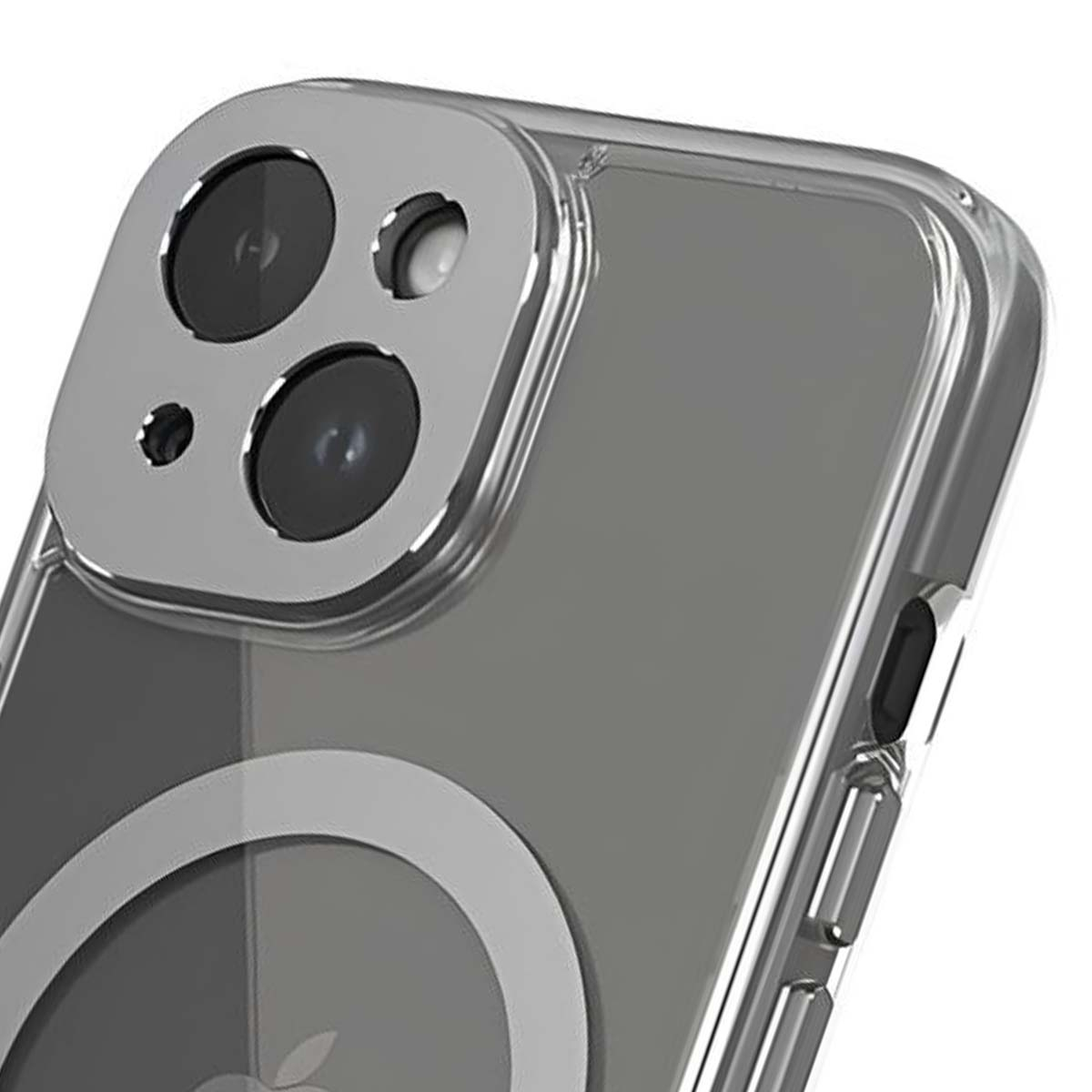 Primo piano di una custodia trasparente per telefono con un modulo fotocamera argentato. Tre obiettivi visibili. La custodia è trasparente.