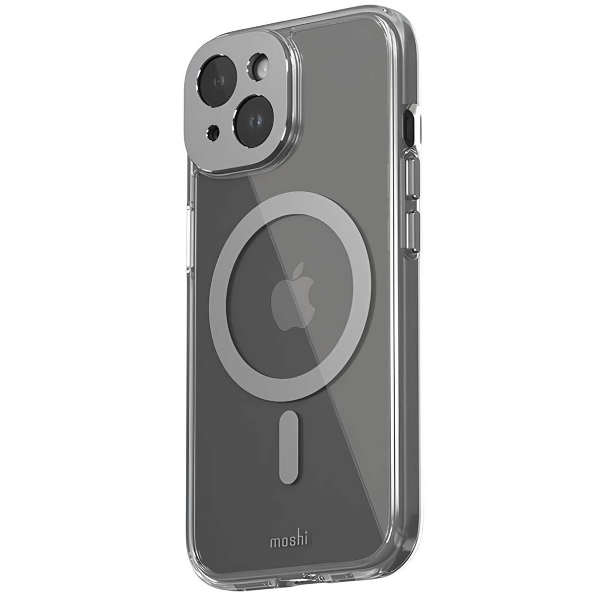 Una custodia trasparente con logo Apple, ritaglio per la fotocamera e marchio 'moshi' in basso.