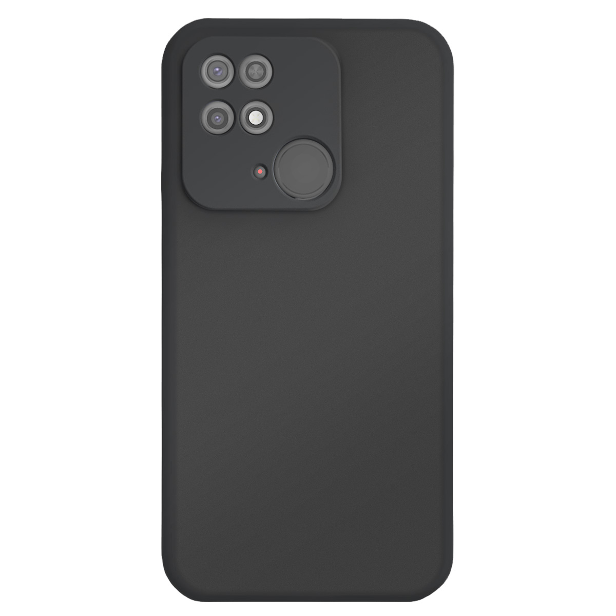 Custodia per telefono nera. Ha ritagli per la fotocamera sul retro. Le fotocamere sono di forma quadrata. C'è un sensore di impronte digitali.