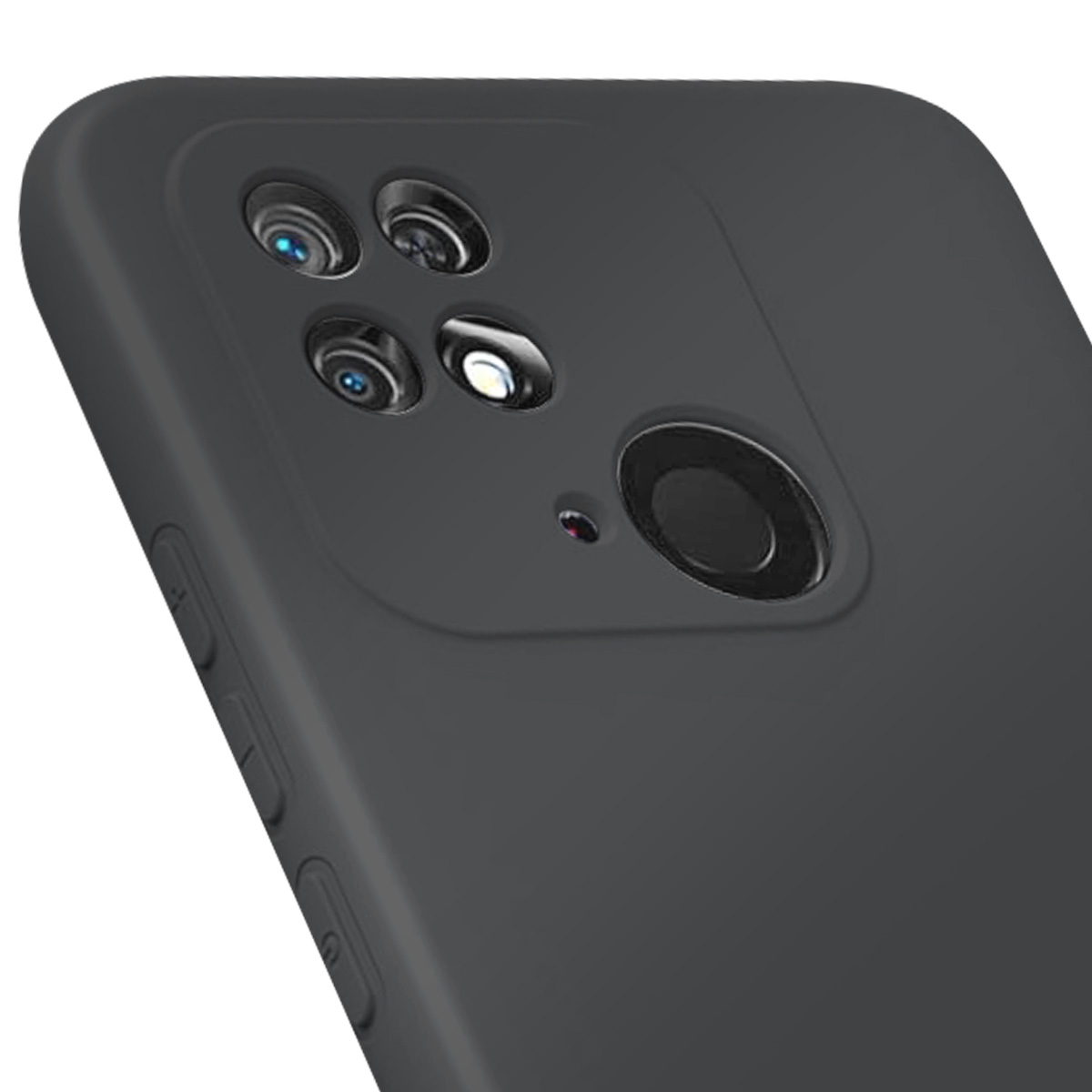 Primo piano di una custodia per telefono grigio scuro. Sono visibili più lenti della fotocamera e pulsanti laterali. Lo sfondo è bianco.