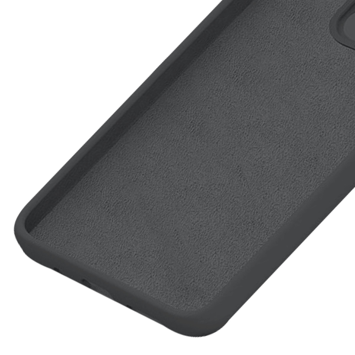 Primo piano di una custodia per telefono grigio scuro. La custodia ha una superficie strutturata, bordi arrotondati e un ritaglio per la fotocamera visibile.