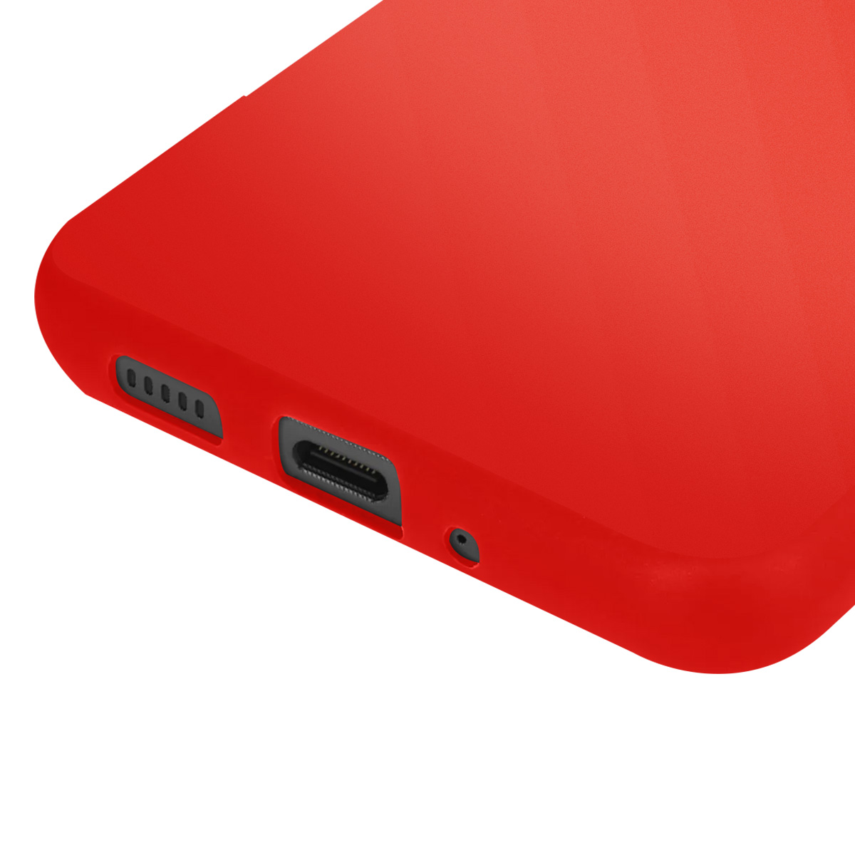 Primo piano di una custodia rossa per telefono. Mostra la porta di ricarica, l'altoparlante e i fori del microfono. Sfondo bianco.