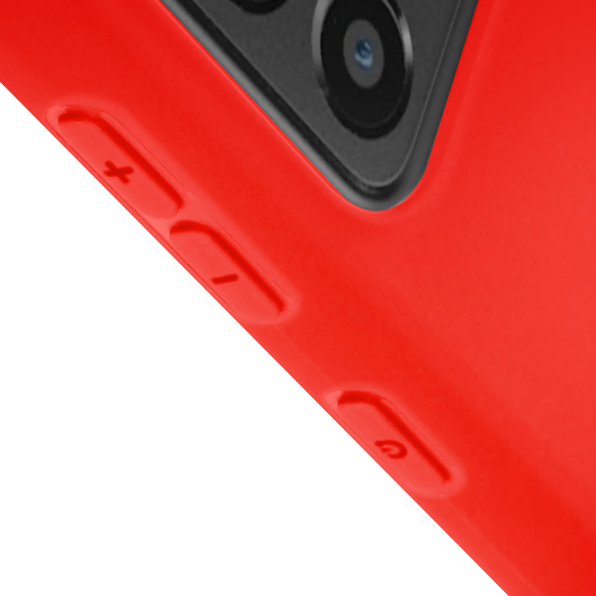 Primo piano di una custodia rossa per telefono con pulsanti e obiettivo della fotocamera. Lo sfondo è bianco.