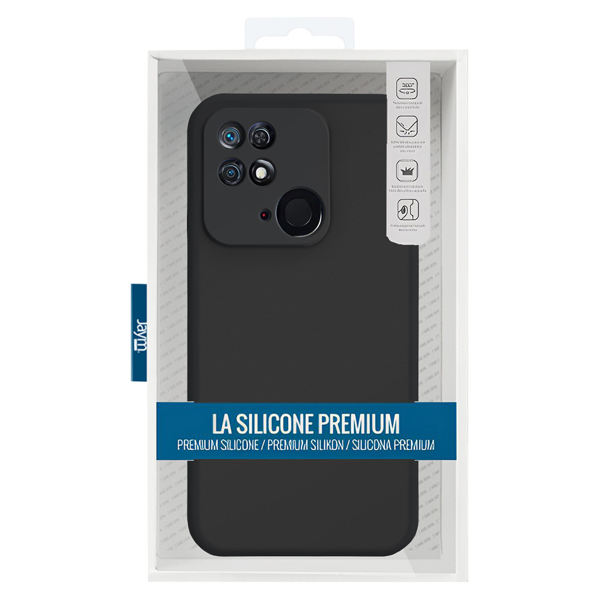 Una custodia nera per telefono in una scatola di plastica trasparente. La custodia ha fori per la fotocamera. La scatola include testo in più lingue.