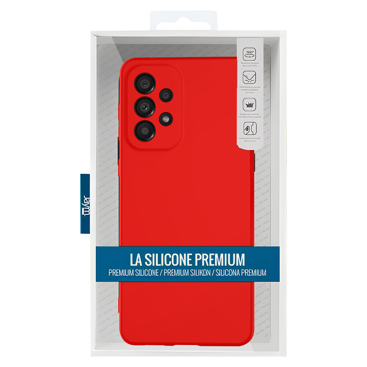 Una custodia rossa per telefono è esposta in una scatola bianca. Il testo "LA SILICONE PREMIUM" è visibile. È presente anche il marchio "Jaym".
