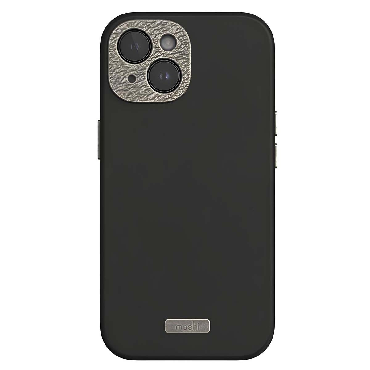 Custodia nera per telefono con sezione fotocamera metallica. Logo 'moshi' in basso. Pulsanti laterali. Design elegante.