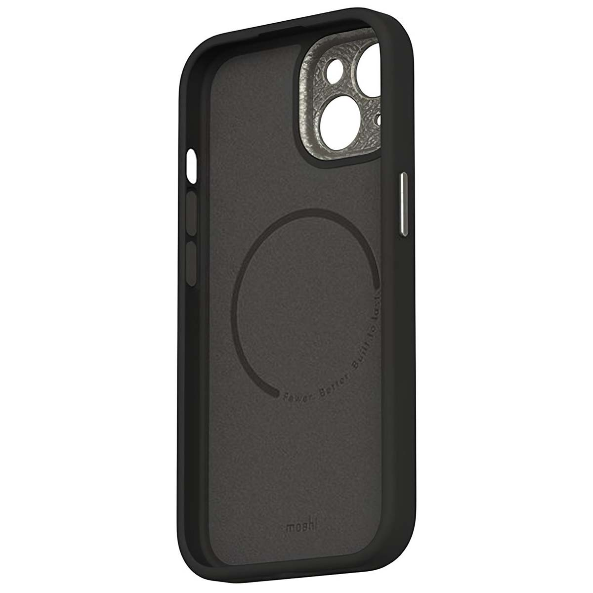 Custodia nera per telefono con design circolare. Ha un ritaglio per la fotocamera e la scritta 'moshi' in basso.