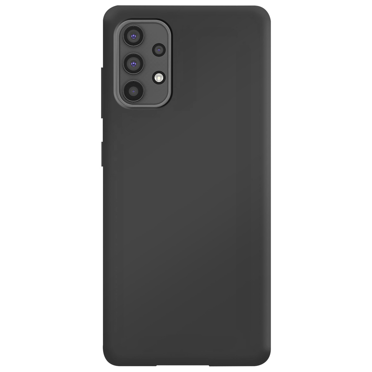 Una custodia per telefono nera. Ha un modulo fotocamera con più lenti e un flash. La superficie è liscia.