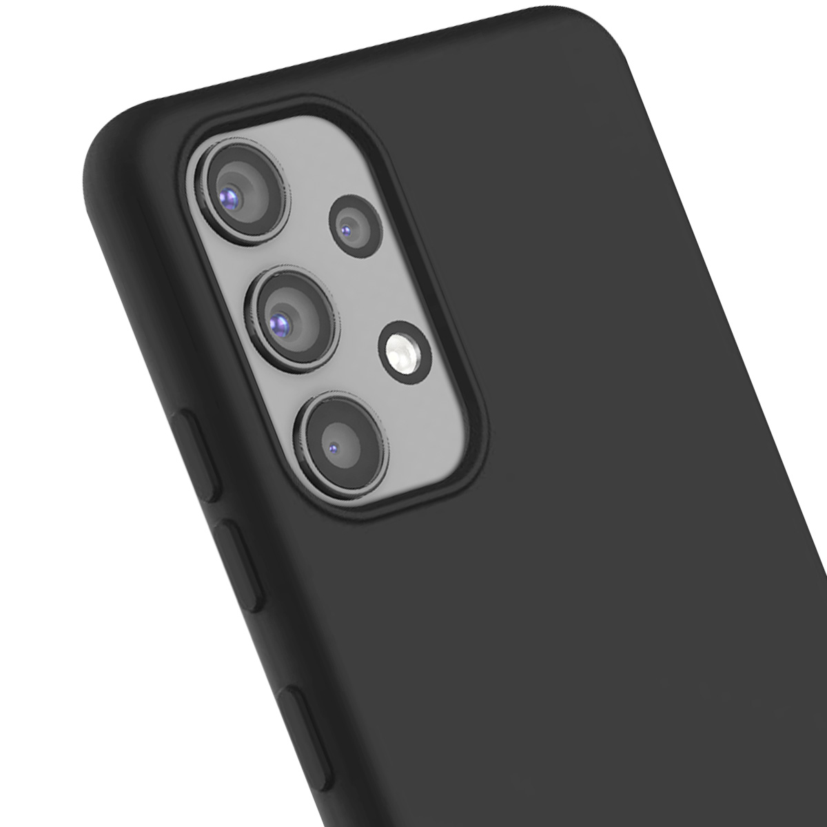 Primo piano di uno smartphone nero. Sono visibili più obiettivi della fotocamera, un flash e il corpo del telefono. Lo sfondo è bianco.