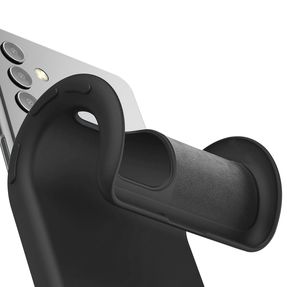 Una custodia nera per telefono è piegata attorno a un telefono argentato. La custodia ha un anello, con l'interno che mostra una superficie strutturata.