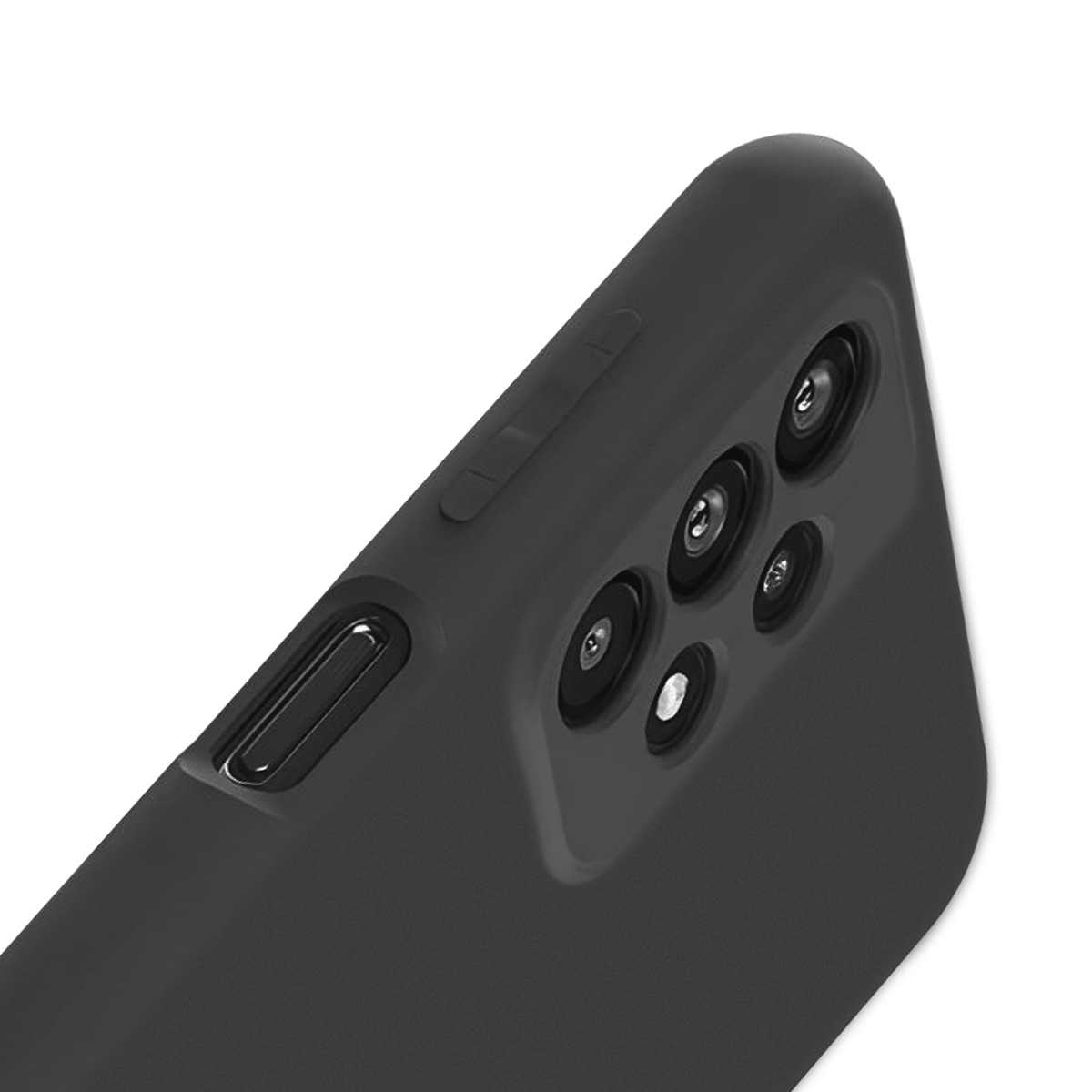 Primo piano di una custodia nera per telefono. Sono visibili le lenti della fotocamera, i pulsanti del volume e un pulsante di accensione. Lo sfondo è bianco.