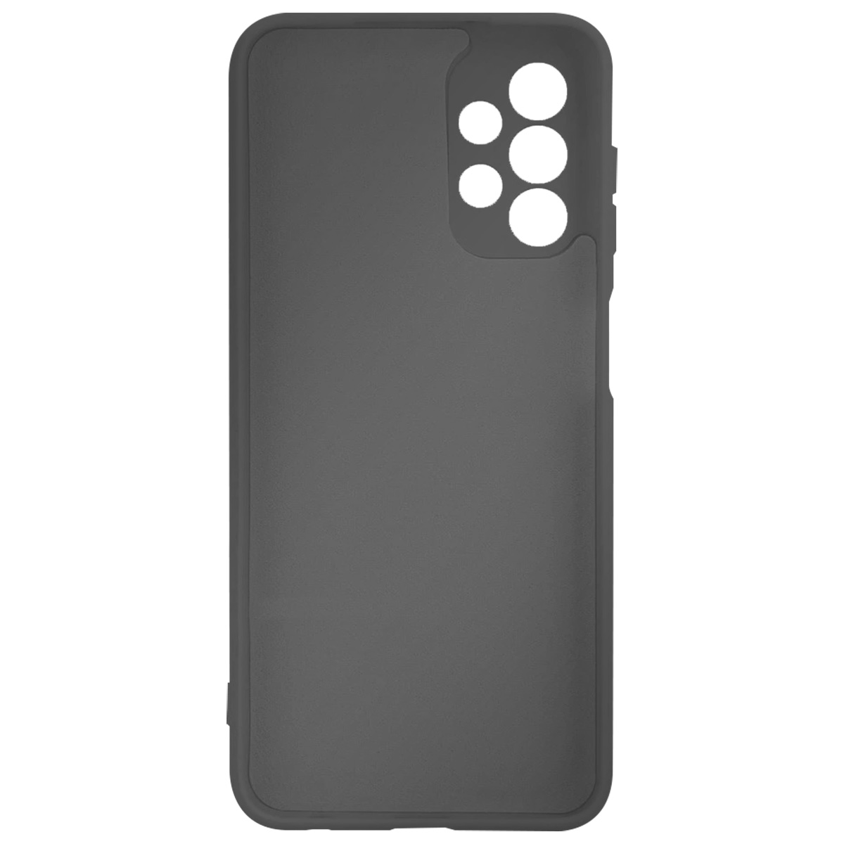 Una custodia per telefono grigio scuro con fori per la fotocamera. Ha una superficie liscia e un bordo leggermente rialzato.