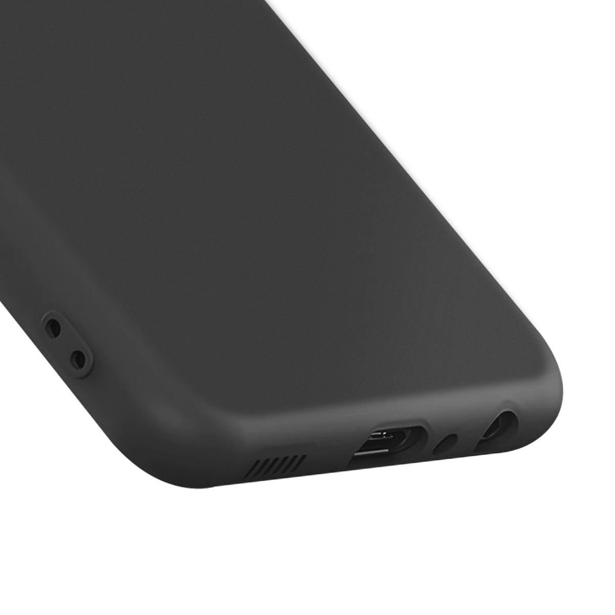 Primo piano di una custodia per telefono nera. Ha una superficie liscia con fori e fessure per le porte. Lo sfondo è bianco.