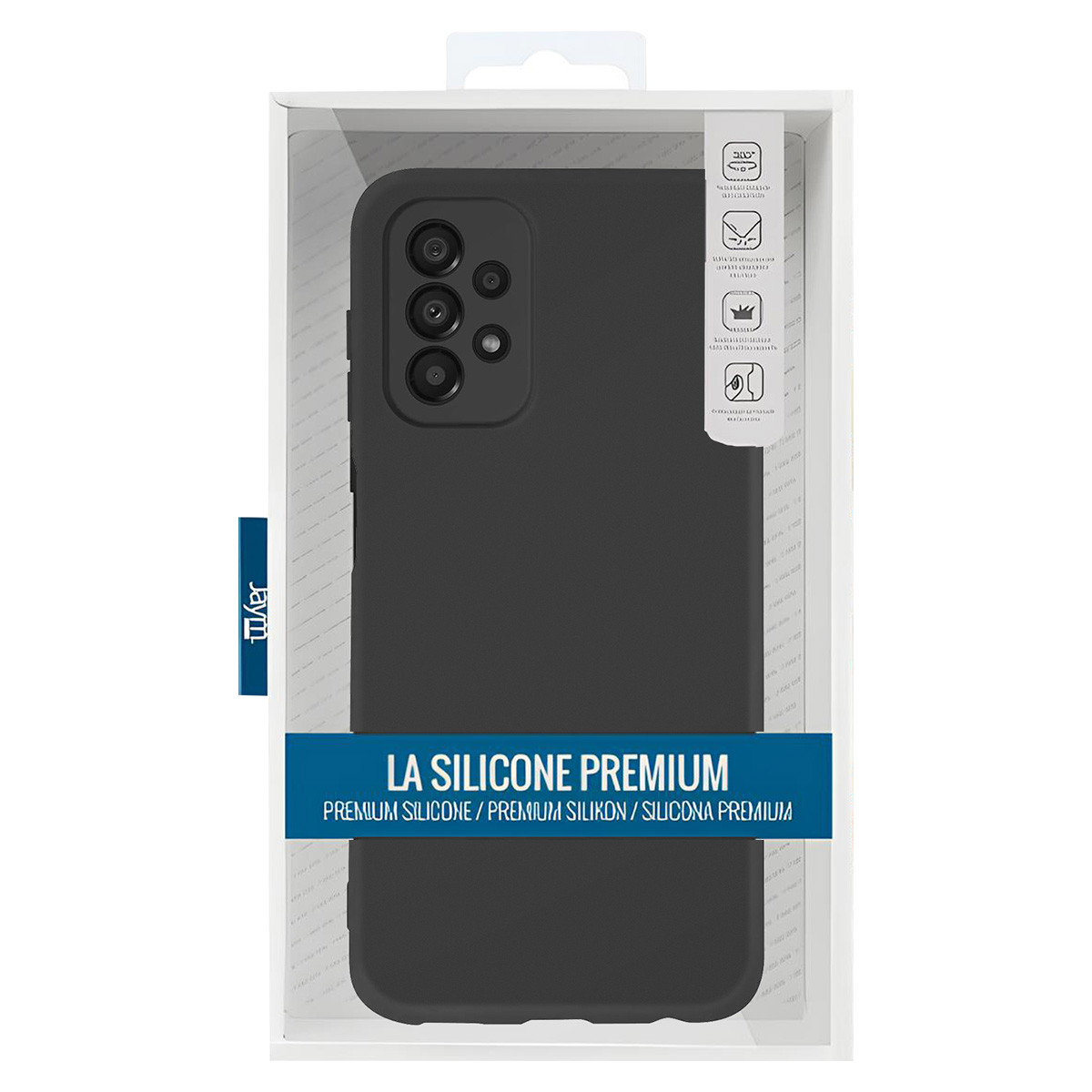 Una custodia nera per telefono in una confezione di plastica trasparente. Il testo recita 'LA SILICONE PREMIUM' e 'Premium Silicone'.
