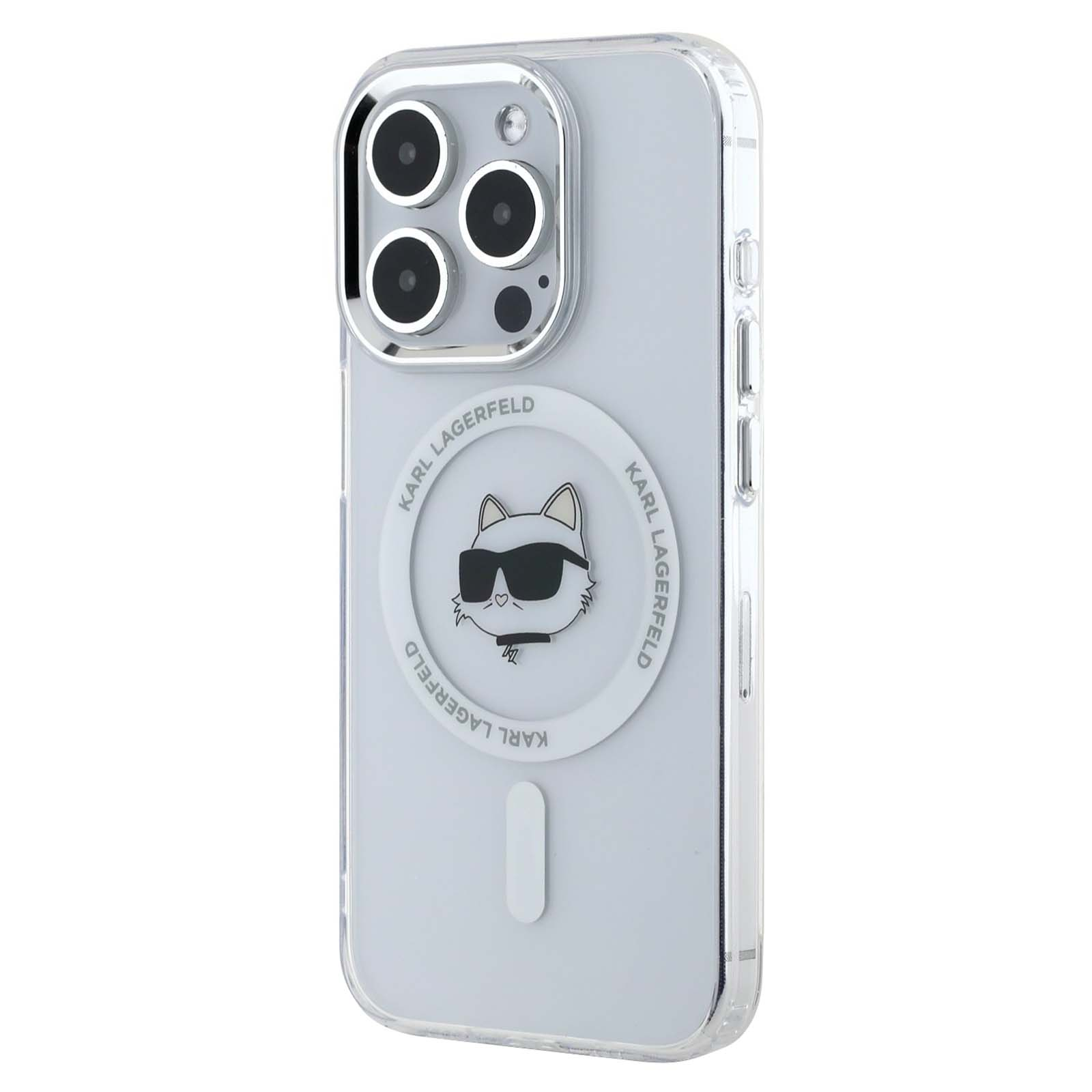 Custodia trasparente per telefono con logo Karl Lagerfeld e un gatto con occhiali da sole, su sfondo bianco.