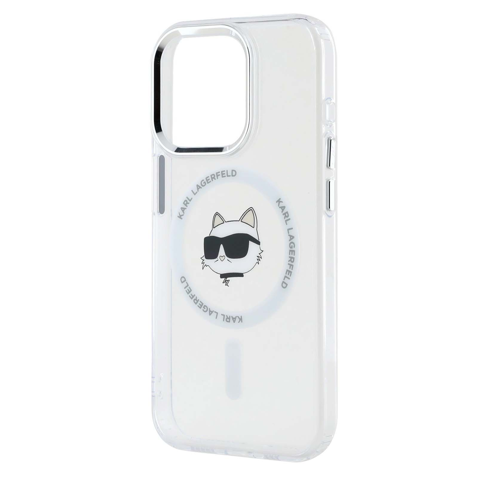 Custodia trasparente per iPhone con logo gatto Karl Lagerfeld. Custodia trasparente con cornice argento intorno alla fotocamera.