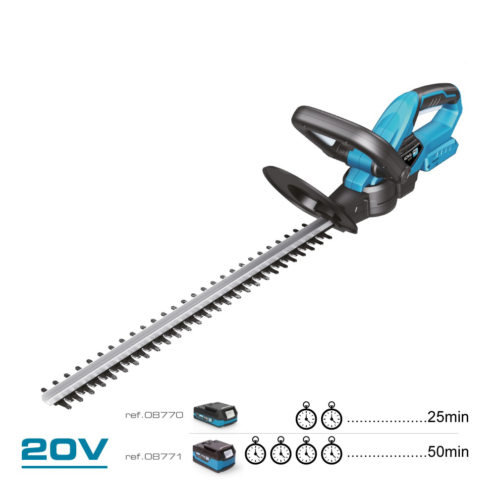 Una podadora de setos inalámbrica con cuerpo azul y negro. Tiene una hoja larga y plateada. 20V. Se muestran detalles de duración de la batería y modelos.