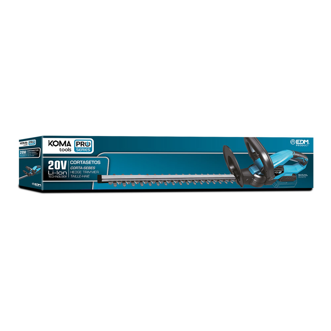 Una caja muestra una podadora KOMA PRO. Es azul y negro, con una hoja larga. El texto incluye '20V', 'Li-Ion', 'CORTA-SEBES'.