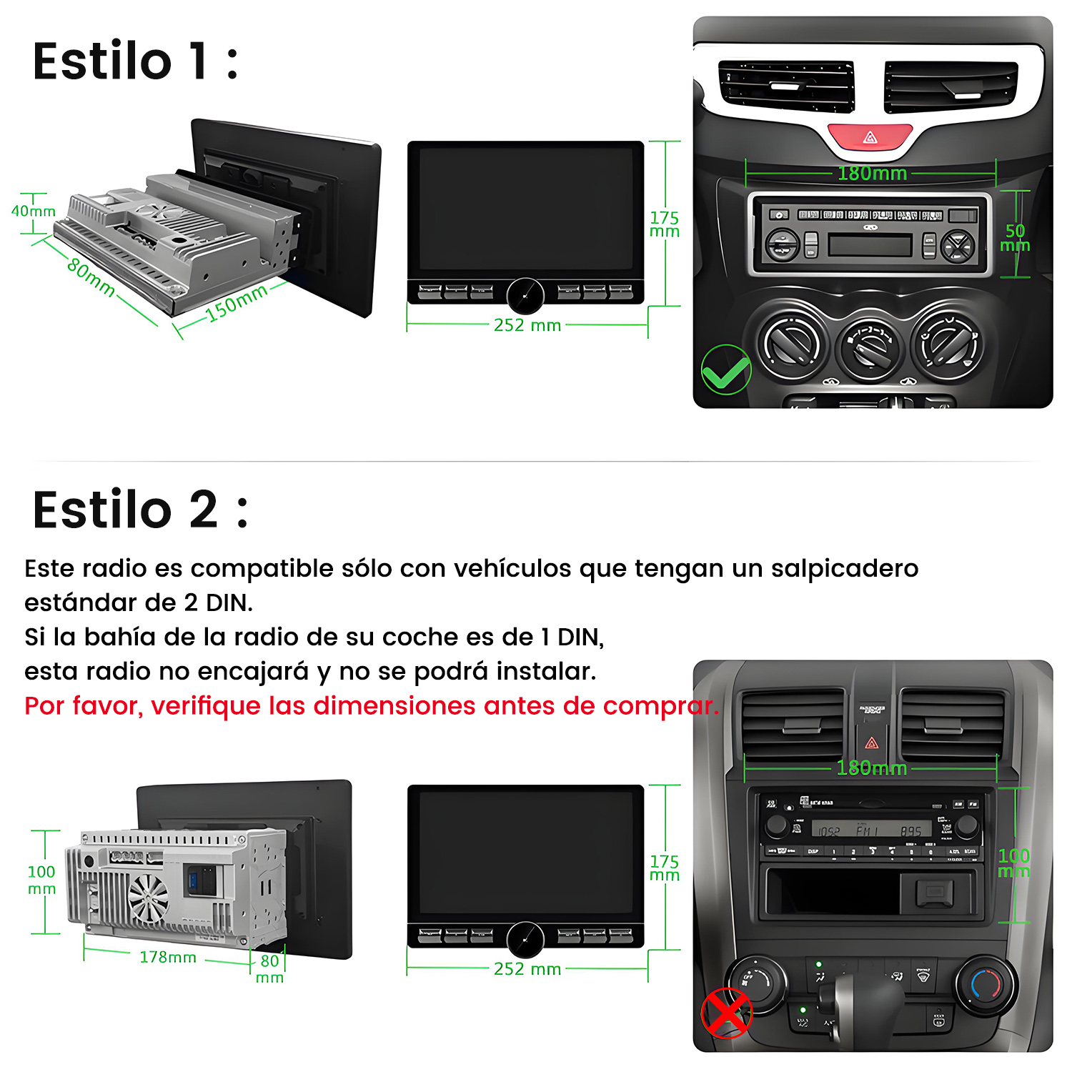 La imagen muestra estilos de radios para automóvil, dimensiones e instrucciones de instalación. El estilo 1 encaja, el estilo 2 no. Se dan dimensiones.