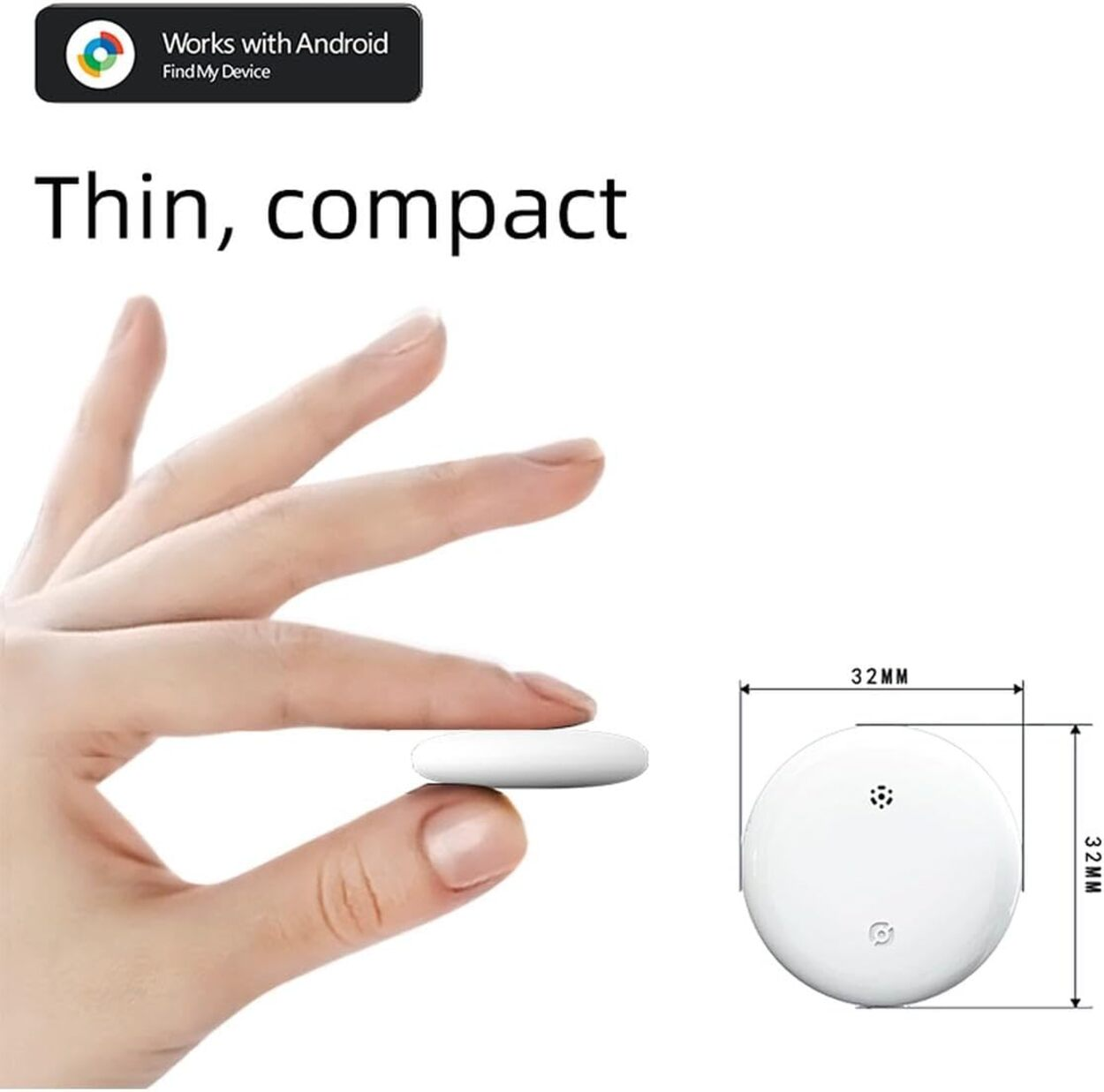 Una mano sostiene un pequeño dispositivo blanco y redondo. El texto dice "Thin, compact". Un diagrama muestra las dimensiones del dispositivo: 32 mm x 32 mm.