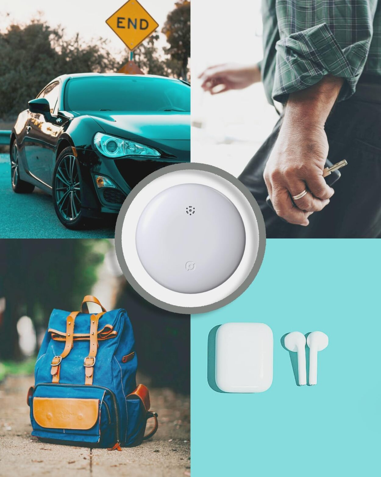 Imagen compuesta con un coche negro, una persona sosteniendo llaves, una mochila, un dispositivo blanco y auriculares, sobre un fondo azul.