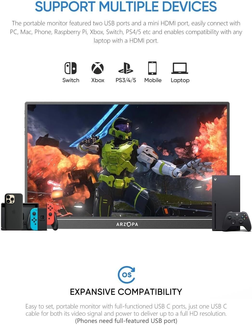 Un monitor muestra una escena de juego. Consolas, teléfonos y un portátil abajo. Texto arriba dice 'Soporte para múltiples dispositivos'.